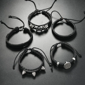 Five-piece punk leather bracelet set with metallic stars and rivet studs for men