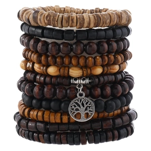 Vintage layered wood bead bracelet set with silver tree of life charm and coconut shells