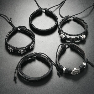 5-piece men's punk skull and cross bracelets in black leather and woven cord