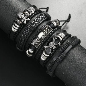 Men's hiphop multi-layer braided leather bracelet set with silver skull and crossbones