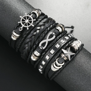 Men's multilayer braided leather bracelet set with silver helm and infinity charms