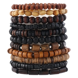 22-piece men's vintage multilayer wooden bead bracelet set with skull and dumbbell charms