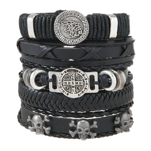 Punk Style Multi-Layer Faux Leather Bracelet For Men Vintage Wolf Head Cross Skull Charm Braided Handwoven Wristband Jewelry Gift