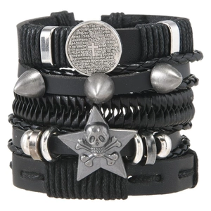 Men's hip-hop leather bracelet set with stud rivets, skull star, and cross charms