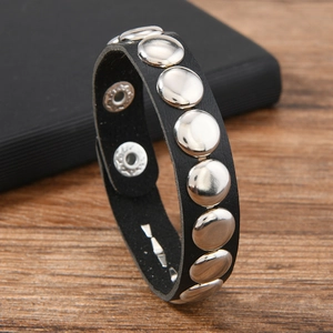 Gothic punk black leather bracelet with round silver rivets and adjustable metal snaps