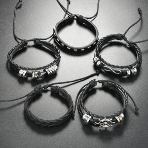 5-piece men's multilayer black leather bracelet set with infinity symbol and helm charms