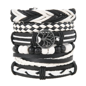 Handmade multilayer leather bracelet set with tree of life charm in black and white