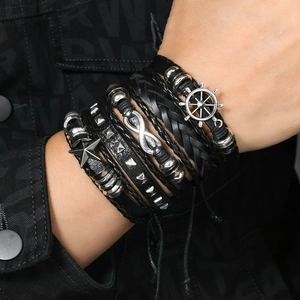 Men's multilayer woven leather bracelet set with anchor and infinity charms