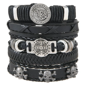 Men's punk leather bracelet set with silver wolf head skull and gothic cross charms
