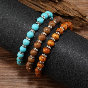 Detail of three-layer beaded bracelet set with turquoise, wood beads and rhinestone spacers