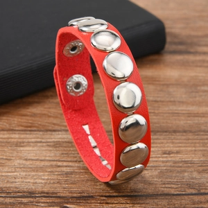 Punk style red leather bracelet with silver round studs and adjustable metal snap buckle