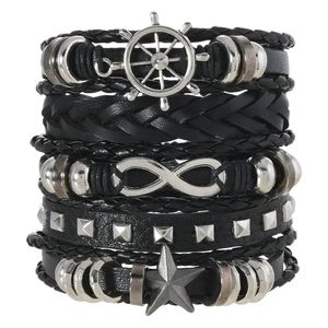 Multilayer black woven leather bracelet set with infinity symbol and ship wheel charms