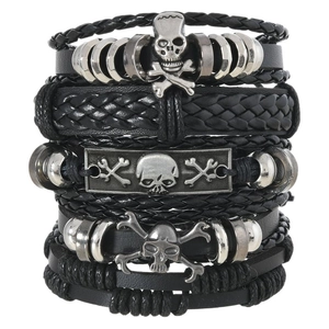 Men's multi-layer black woven leather skull bracelet set with vintage punk metal accents