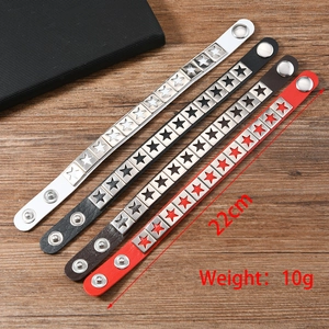 Detail view of 22cm punk leather bracelets with metal star studs in four colors