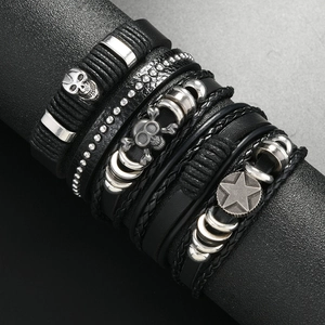 Gothic multi-layer woven leather bracelet set with skull and pentagram charms