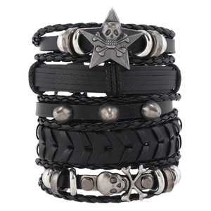 Men's gothic punk multilayer leather bracelet set with skull and star charms