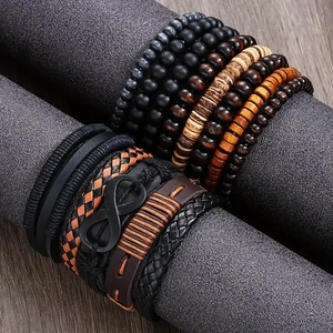 13pcs multilayer men's beaded wood and infinity symbol woven leather bracelet set