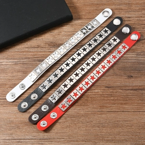 Punk leather bracelets featuring metal star studs in white, black, brown, and red