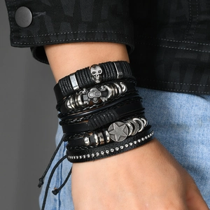 Gothic multi-layer woven skull and star leather bracelet set for men on wrist