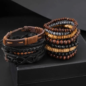 Set of 13 men's leather braided bracelets and coconut shell wood bead stretch bracelets