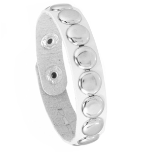 Detail of white punk leather bracelet featuring polished silver round studs and snap buttons
