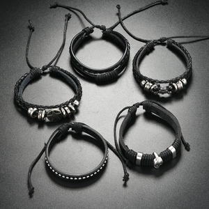 Five-piece set of men's Gothic black braided leather bracelets with skull and star charms