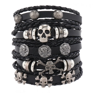 Vintage Punk Skull Leather Bracelets Multi-Layer Woven Rope Adjustable Gothic Skeleton Jewelry For Men Women
