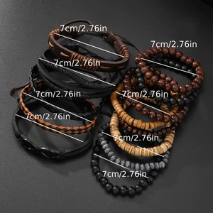 13-piece men's set featuring leather braid and wood bead bracelets, 7cm diameter size