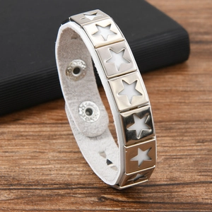 White leather punk bracelet with silver star hollow metal studs and snap closure