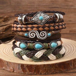 Vintage Bohemian Multilayer Leather Braided Bracelet Set For Men Women Retro Alloy Artificial Stone Ethnic Handmade Bangle