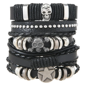 Gothic multi-layer woven skull bracelet set with black leather and star charms