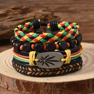 Reggae Jamaica Style Multilayer Woven Leather Bracelets Multicolor Wood Alloy Leaf Charm Handmade Retro Ethnic Hand Jewelry