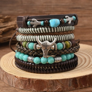 Retro Böhmisches Mehrlagiges Lederarmband Stierkopf Kaktus Anhänger Künstlicher Türkis Holzperle Geflochtenes Armreif Schmuck