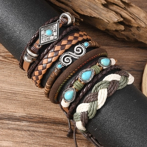 Retro multi-layer woven leather bracelet set with turquoise accents and wooden beads