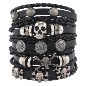 Punk style multi-layer leather bracelet set with silver skull charms and metal studs