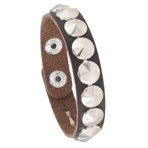 Bracelet punk en cuir marron pour homme avec rivets argentés et boutons-pression réglables