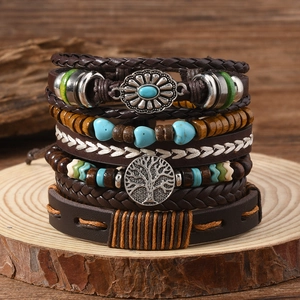 Vintage Bohemian Multi-Layer Leather Bracelet Tree Of Life Heart Charm Woven Wood Bead Handcrafted Unisex Jewelry Gift