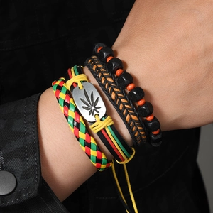 Jamaica style 4-piece leather bracelet set with maple leaf charm and colorful weave