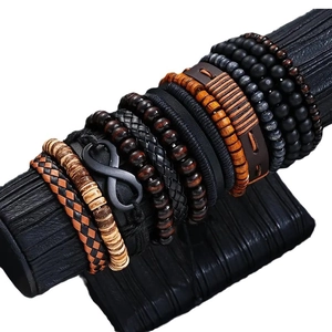 13-piece men's leather multi-layer bracelet set with coconut wood beads and infinity charm