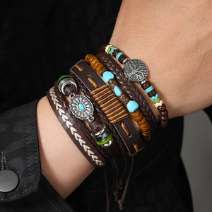 Multilayer leather bead bracelet set featuring Tree of Life and turquoise charms