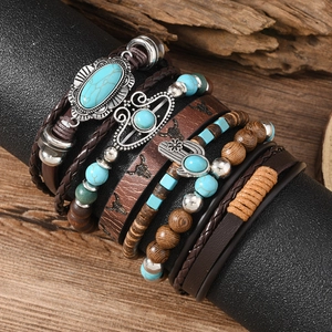 Retro multi-layer bracelet set with cactus turquoise wood beads and leather straps