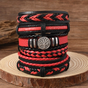 Tree Of Life Multi Layer Leather Braided Bracelet Gothic Hip Hop Red Black Alloy Charms Adjustable Men Jewelry Gift