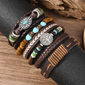 Bohemian multi-layer leather bead bracelet set featuring Life Tree and turquoise charms