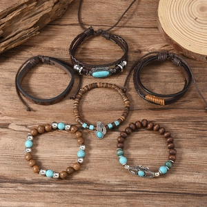 Retro 6-piece men's bracelet set with leather, wood beads, turquoise, and star charms