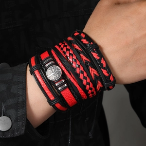Men's Tree of Life multilayer bracelet set with braided leather in black and red tones
