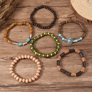 Bohemian multi-layer handmade wooden beads and turquoise stretch bracelet set for women