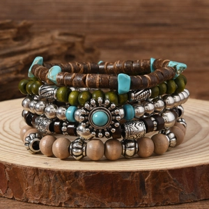 Boho Mehrschichtiges Perlenarmband Für Damen Legierung Sonnenblume Synthetischer Türkis Holzperlen Retro Ethno Schmuck