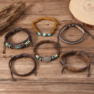 Retro multi-layer leather bracelet set with tree of life charm and wooden beads