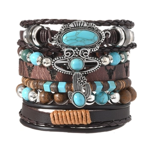 Bohemian multilayer leather bracelet set with cactus turquoise and wooden beads