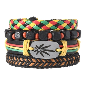 4pcs men's reggae style bracelet set with Jamaica colors, wood beads and maple leaf charm